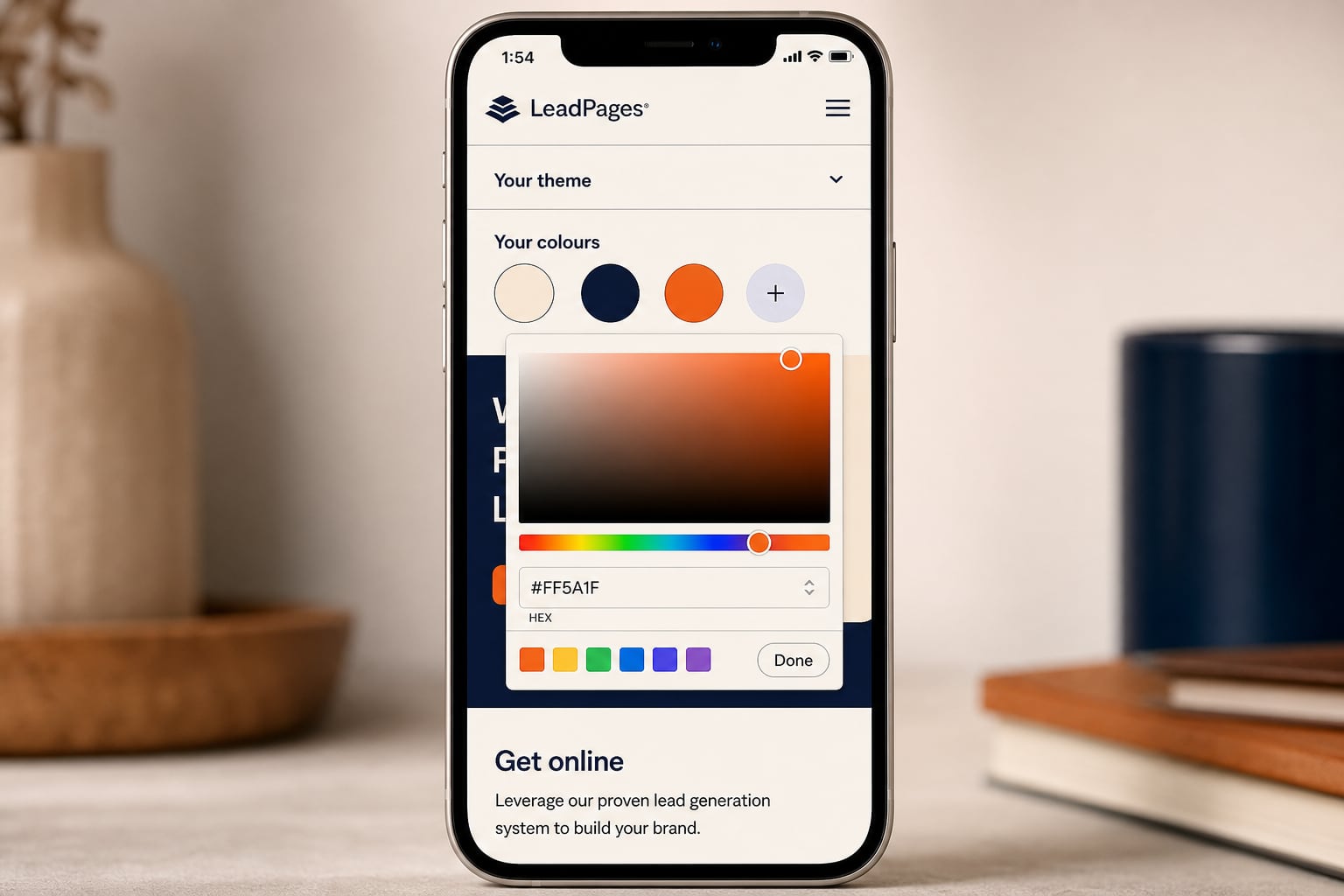 Phone preview showing apps matching a website theme